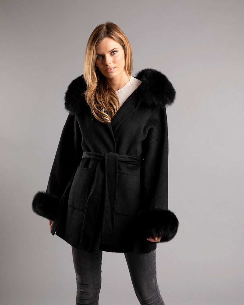 Merible Cashmere Wrap Belt Coat Fox Fur Hood